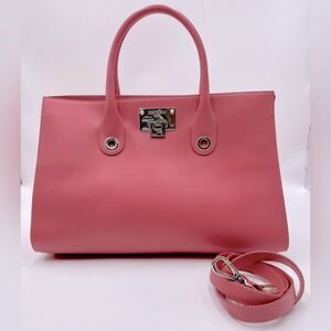 Auth Jimmy Choo Large Pink Leather Suede Sides 2way Riley Tote Crossbody Bag